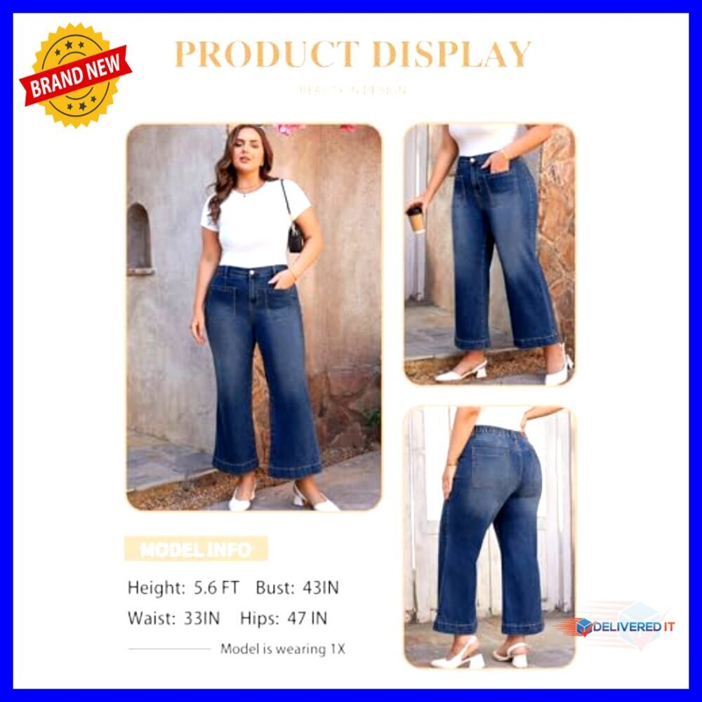 Plus Size High Waisted Wide Leg Stretchy Denim Jeans with Pockets - Picture 3 of 7